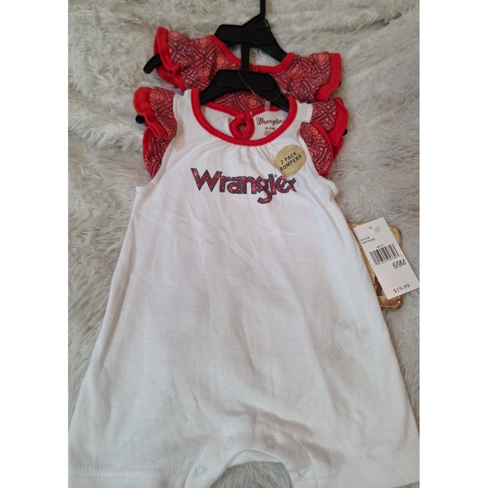 Wrangler Baby Girls 2-Pack Flutter Sleeve Rompers Red White Paisley 6-9 Months